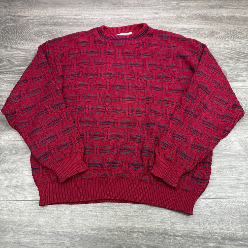 Vintage Hampton Bay Trading Co Sweater Mens L Red Geometric Texture Made USA 90s